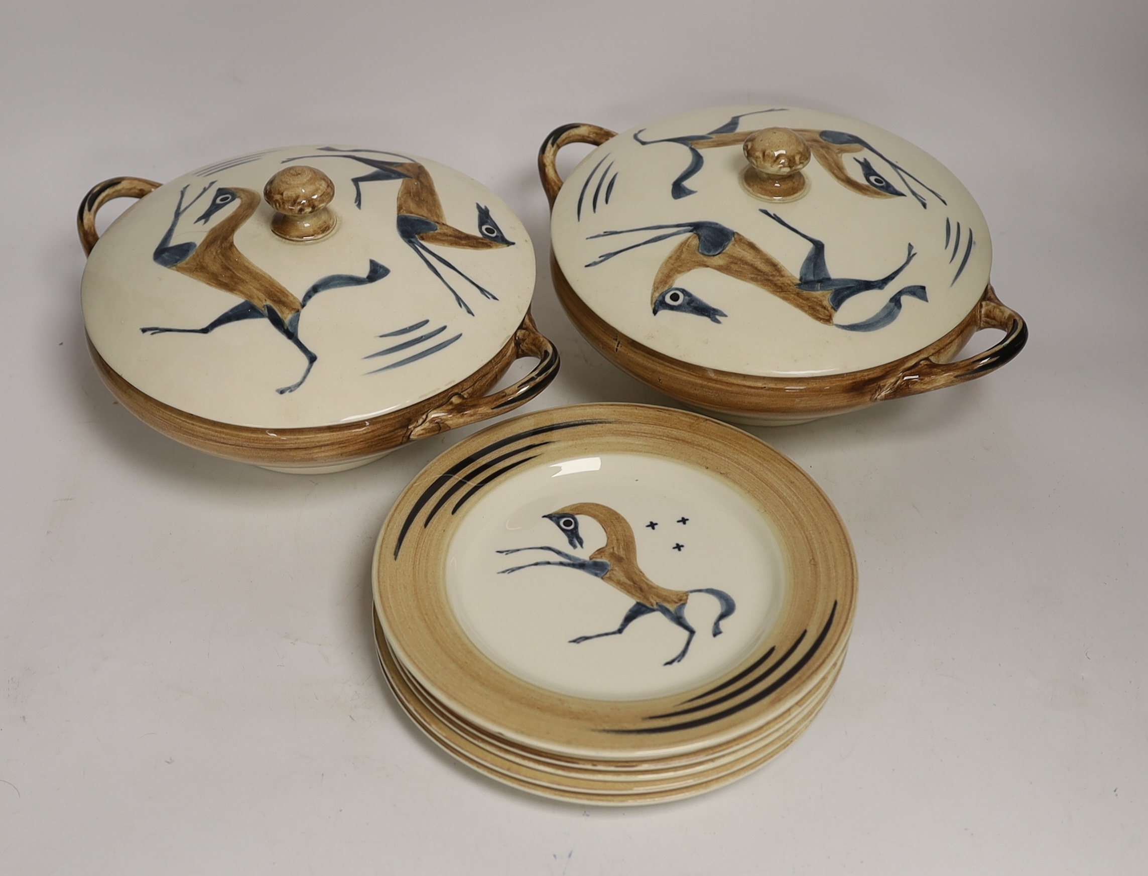 John Armstrong for Clarice Cliff, a pair of lidded two handled vegetable tureens and five dishes, painted with the ‘’Chaldean’’ pattern, produced for the Harrods and Art in Industry Exhibitions, in 1934